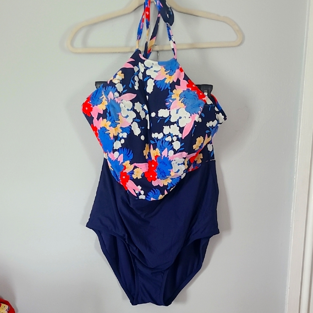 Sea Angel Blue Red One Piece Swimsuit Halter Neckline Size 2x Lightly Worn